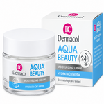 Dermacol Aqua Beauty Moisturizing Cream jar in front of its retail box, featuring a white lid, clear glass jar, and white/blue packaging on a clean white background.