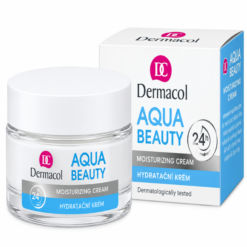 Dermacol Aqua Beauty Moisturizing Cream jar in front of its retail box, featuring a white lid, clear glass jar, and white/blue packaging on a clean white background.