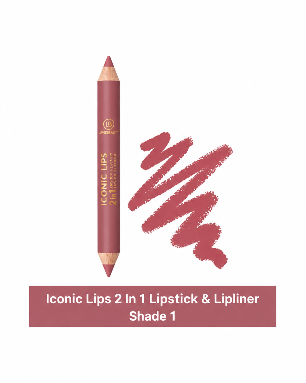 A single lip pencil shown vertically next to a textured swatch of the same dusty rose-red shade, with a label reading 'Iconic Lips 2 In 1 Lipstick & Lipliner Shade 1' on a white background.