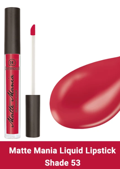 Matte Mania liquid lipstick in shade 53, showing the black and red tube, the applicator wand, and a large glossy red lipstick swatch on a white background with a red banner at the bottom.