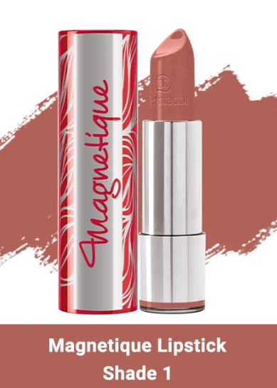 A lipstick product shown with its matching cylindrical tube and the lipstick bullet exposed. The tube is silver with red and white abstract swirls and the word 'Magnetique' in red script.