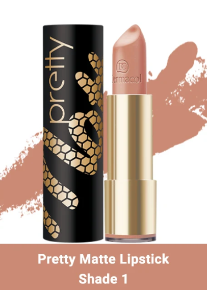 Pretty Matte Lipstick in shade 1, featuring a black tube with gold honeycomb pattern and a gold-capped lipstick bullet in a peachy nude shade, set against a white background with a peach lipstick smear and a text banner at the bottom.