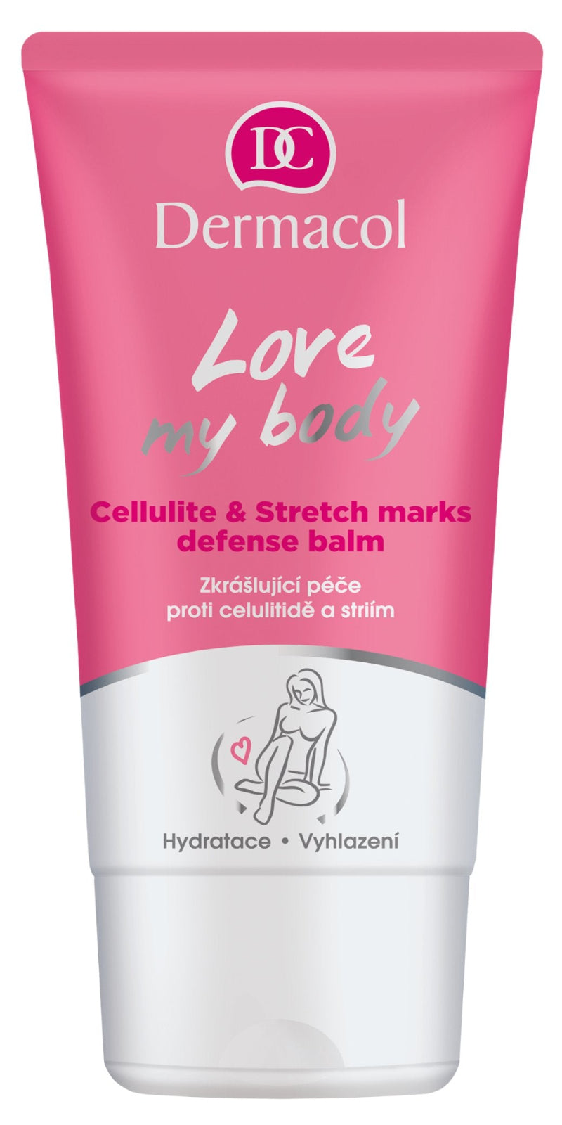 Dermacol Love My Body Cellulite & Stretch marks defense balm in a pink and white squeeze tube.