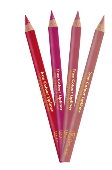Four lip liner pencils in shades of red, magenta, mauve, and dusty rose, fanned out against a plain white background. The pencils feature gold text reading 'True Colour Lipliner' and the 'D' in 'Dermee' logo.